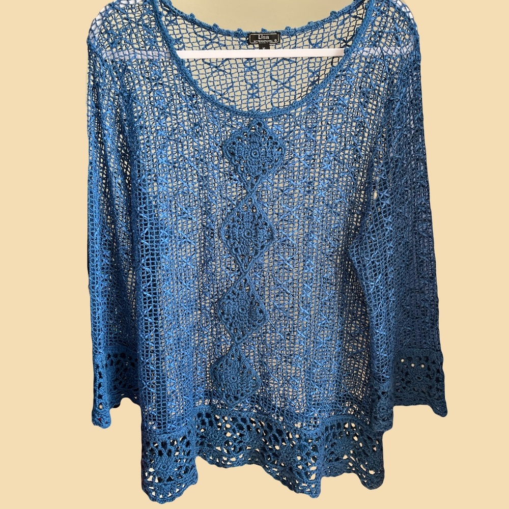 Crochet Open-Knit Long Sleeve Top - Blue